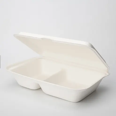 900ml Compostable Sugarcane Bagasse 2 Compartment Biodegradable Take Out Food Containers Clamshell For Lunch