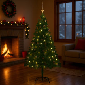 Sapin de Noël artificiel en PVC vert pré-éclairé de 70,9 pouces avec un ensemble de boules, LED blanc chaud, base sur pied pour intérieur - Product Image 2