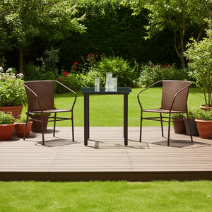 Juego de comedor de patio de 3 piezas de ratán sintético marrón con mesa de vidrio, muebles de jardín para exteriores, estilo contemporáneo, estructura de acero - Product Image 2