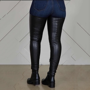 Bottes longues pour femmes à talon plat, bout rond, fermeture éclair latérale, design simple, en PU, hauteur au-dessus du genou, grandes tailles 43 - Product Image 5