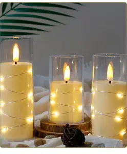 Ensemble de 3 bougies à DEL en verre transparent pour décoration de mariage Lumières à tête vacillante Bougies à DEL de luxe avec guirlande lumineuse