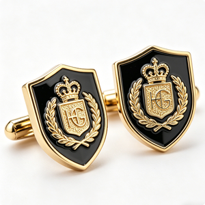 Custom Logo Gold Plated Zinc Alloy Cufflinks Luxury Formal Wedding Gift with Crown Monogram Design - Product Image 4