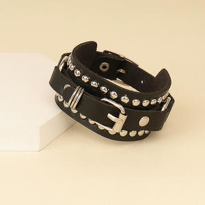 New Punk Black Punk Gothic Rock Black Two Row Spikes Rivet Leather Cuff Bracelet <strong>Wristbands</strong> Charm Unisex <strong>Bangle</strong> - Product Image 3