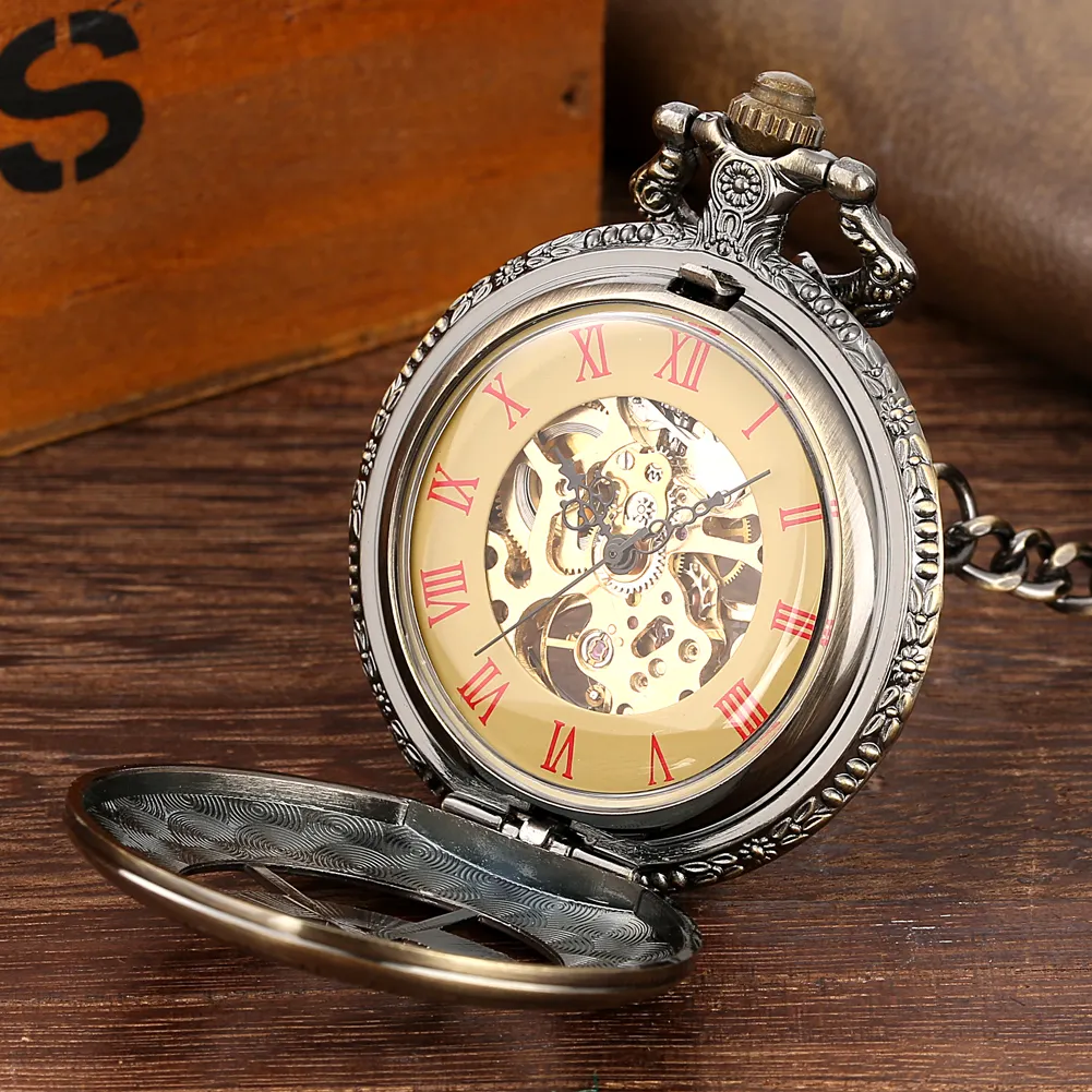 Prag Astronomical Fob zincir saat yarım Hunter Steampunk iskelet Vintage mekanik cep saati ile erkekler için hediye