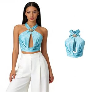 New Breathable Polyester Casual Halter Neck Top Cowl Drape Shell-Embellished Metal Clasp | Alluring <b>Back</b> Cut-Out Solid Color - Product Image 1