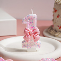 Bougie d'anniversaire rose scintillante chiffres 0-9, 7,2 cm, avec nœud 3D, pour gâteau, décoration de fête d'anniversaire de princesse pour filles