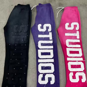 Pantalon de survêtement en éponge française Vintage Stone Wash pour hommes 380GSM Coton en détresse Broderie évasée coupe ample Logo personnalisé Vente en gros - Product Image 2