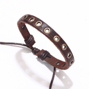 Retro Brown Punk Men's Leather <b>Bracelet</b> With Metal Grommets <b>Adjustable</b> Cord Closure For Gift Jewelry Accessory - Product Image 5