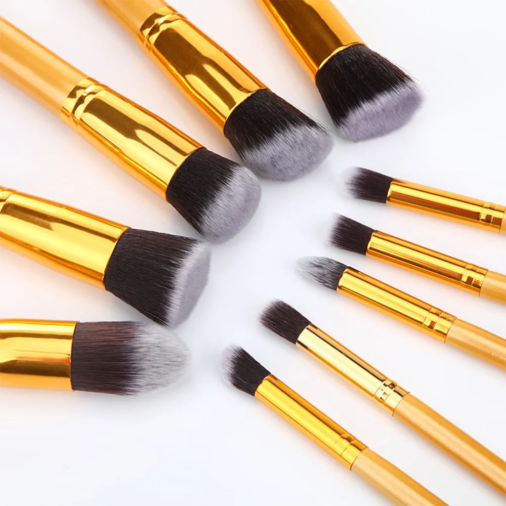High Quality Shiny Aluminum Metal Handle 10Pcs Makeup Brushes Gold Color