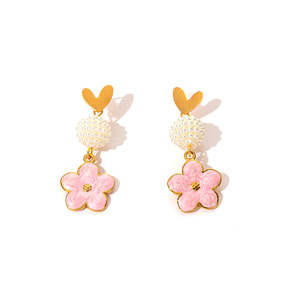 Fashion Drop Earrings Pink <b>Flower</b> Pearl Bead Gold Plated Stainless Steel Sustainable Resistant Jewelry - Product Image 1