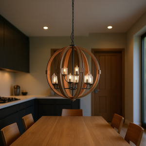 Lustre globe en bois à 9 lumières, ampoule E26, chaîne réglable, luminaire suspendu pour cuisine, salle à manger, hall d'entrée - Product Image 2