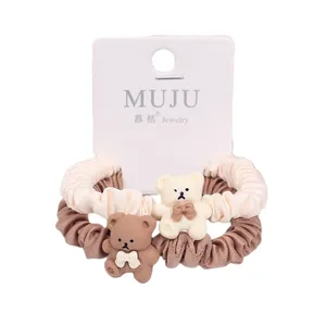 Moda coreana Satén Scrunchies Bear Head Hair Tie Set de 2 piezas para niños Accesorios elegantes para niñas