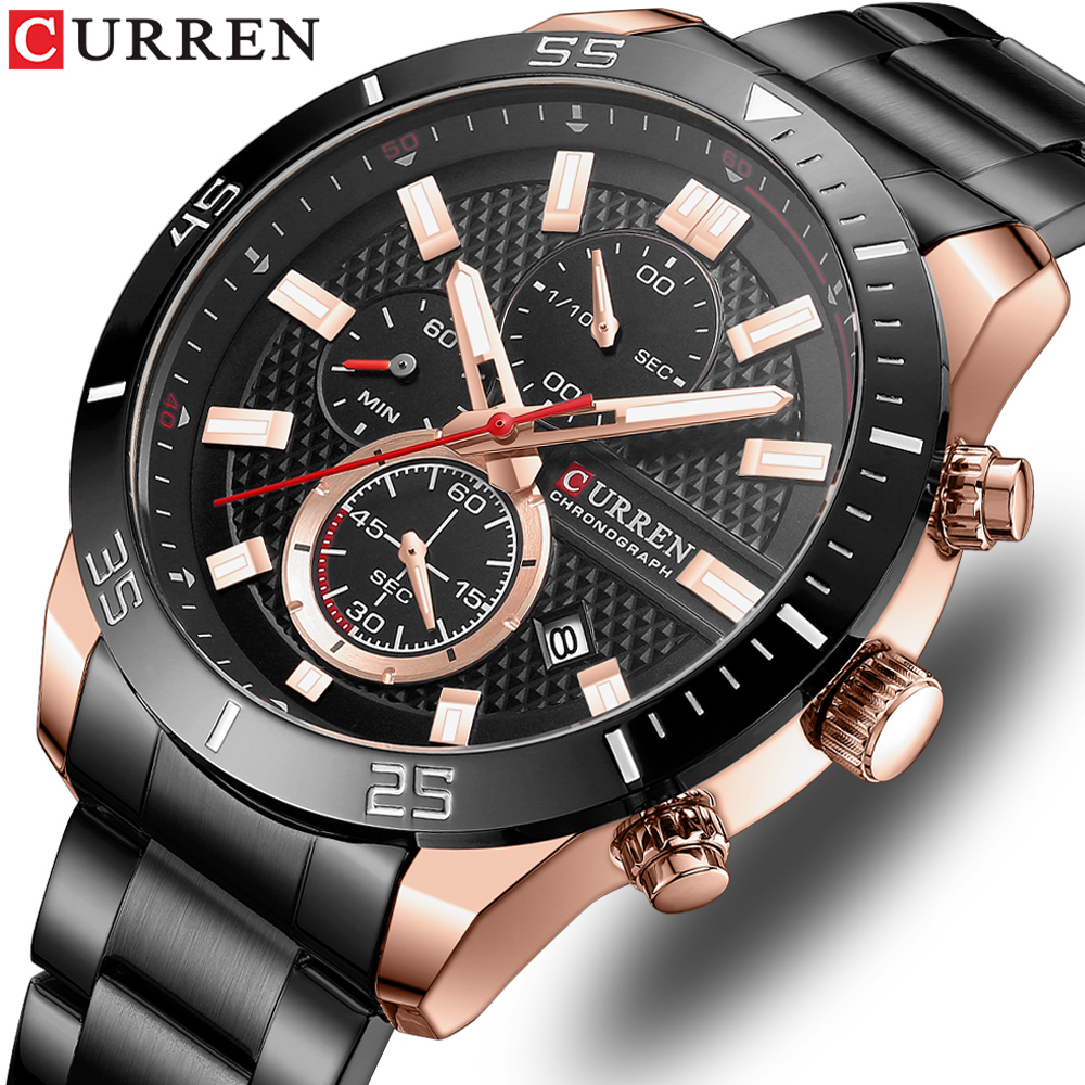 Affute Orologi da uomo moda sport al quarzo analogico nero maglia acciaio inossidabile impermeabile cronografo orologio da polso automatico data - Nero oro