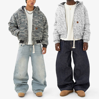 Blouson en toile vintage délavée OEM, doublure matelassée, coupe oversize, streetwear, camouflage, fermeture éclair, coupe courte, sweat à capuche camouflage personnalisé épais pour homme