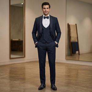 Costume de smoking slim brodé à la main pour homme, idéal pour mariage et soirée, noir, 100 % coton, service OEM pour le marié - Product Image 1