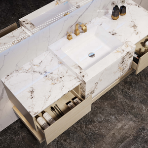 Meuble de salle de bain de luxe en contreplaqué massif avec miroir LED intelligent, plan de travail en pierre frittée et tiroirs - Product Image 6
