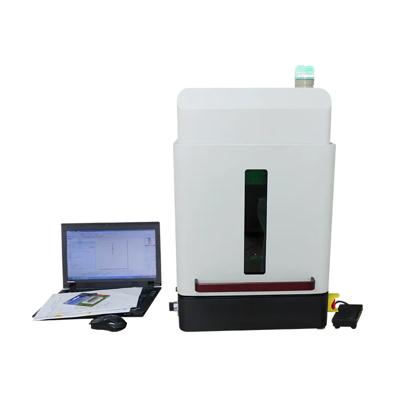 China Full Closed Cover 20w 30w 50w Fiber Laser Marking Machine For Mobile Phones Cell Phone raycus with rotary