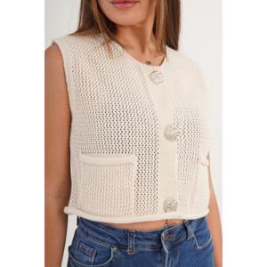 เสื้อกั๊กถักติดกระดุมสีทองพร้อมกระเป๋าคู่ เสื้อคลุมระบายอากาศสำหรับผู้หญิง อะคริลิก 100% - Product Image 1