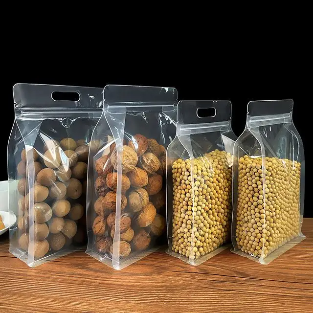 Transparent Flat Bottom Plastic Clear Standing Up Ziplock Food Plastic Pouch Bag Zipper Packaging Spice Plastic Bags With Handle