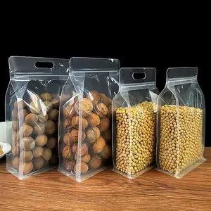 Plástico transparente de fondo plano, bolsa de plástico Ziplock de pie para alimentos, bolsa de embalaje con cremallera, bolsas de plástico para especias con asa