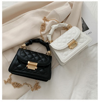 Tas Selempang Wanita Korea Model Diamond Lattice Ukuran Kecil, Tali Rantai, Bahan PU, Lapisan Linen, Hiasan Kunci - Tas Tangan Grosir