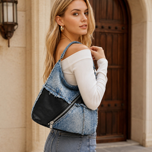 Bolso de hombro de mezclilla para mujer, bolso casual tipo hobo, bolso tote con cremallera de gran capacidad, bolso de moda azul con patchwork para llevar bajo el brazo - Product Image 1