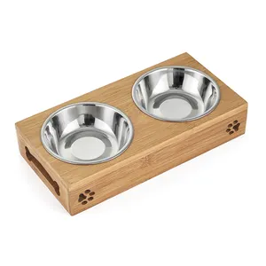 2021 New design pet food water feeder bamboo wooden dog bowls with stainless steel bowls pet supplier
