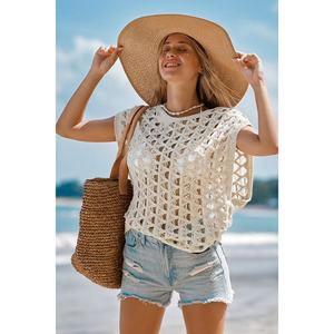 Top de Ganchillo Tejido Calado Color Caqui, Sin Mangas, Transparente, Estilo Abstracto y Fresco para Resort, Venta al por Mayor - Product Image 1