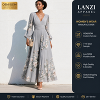 Robe trapèze à col en V et manches longues, imprimé floral, taille haute, jupe plissée, poignets bouffants, en tissu tissé, sur mesure, OEM ODM