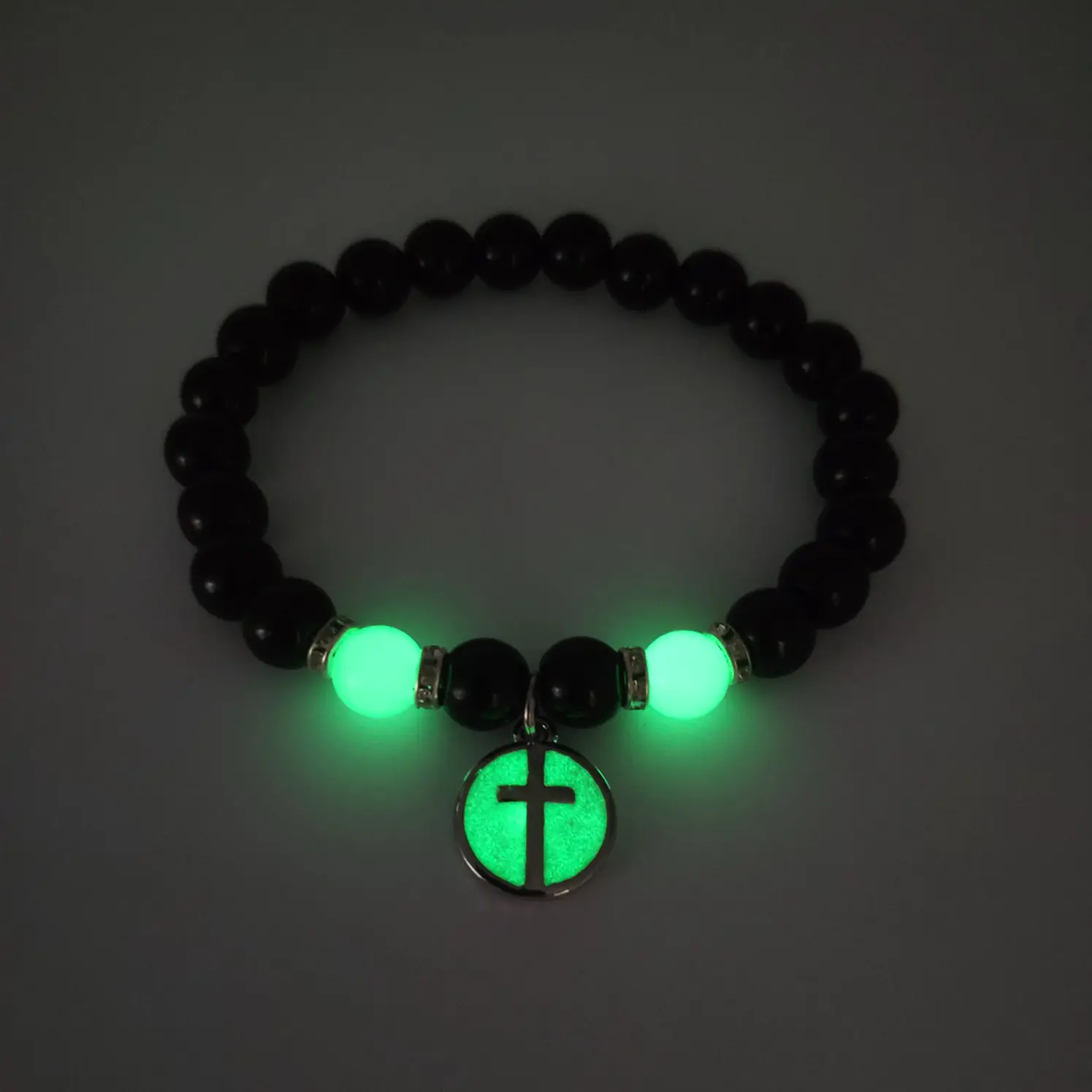 2312 Nieuwe Glow-In-The-Dark Lichtgevende Sieraden Hand Hete Zwarte Agaat Kraal Armband Rond Kruis