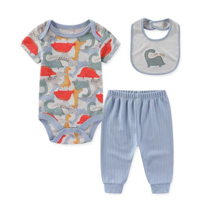 Conjunto de <span class=keywords><strong>tres</strong></span> piezas de verano para bebé al por mayor, mono de manga corta, sombrero y pantalones de 0 a 9 meses, tejido de punto sólido ODM transfronterizo - Product Image 2
