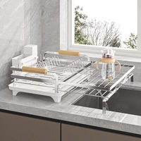 Égouttoir à vaisselle pliable en acier inoxydable grande capacité avec support à ustensiles, extensible, pour comptoir de cuisine
