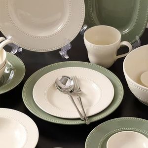Vaisselle en céramique solide verte et blanche fabriquée en Chine à bas prix avec des points en relief, ensemble de vaisselle en céramique de luxe - Product Image 2