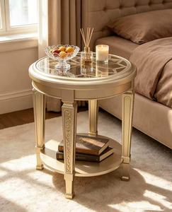 Table d'appoint ronde en verre couleur or champagne avec étagère inférieure pour salon - Product Image 1