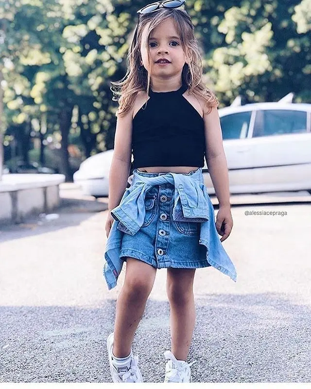 2020 फैशन बच्चों बेबी लड़की 2PCS संगठनों ग्रीष्मकालीन Streetwear लगाम काले फसल में सबसे ऊपर मिनी डेनिम स्कर्ट बच्चों लड़की सेट 2-6Y