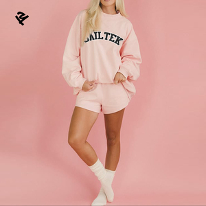 कस्टम पफ प्रिंट लोगो 2 टुकड़ा स्वेटशर्ट और शॉर्ट्स सेट फैशन डिजाइन कपास ट्रैकसूट महिलाओं गुलाबी शॉर्ट्स स्वेट सूट सेट - Product Image 2