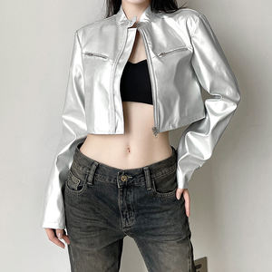 Veste courte à col montant zippée argentée pour femme, style décontracté, streetwear, hip-hop, danse, vêtement polyvalent - Product Image 2