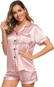 Logo personnalisé Ensemble de pyjamas en <span class=keywords><strong>satin</strong></span> de soie pour femmes Vêtements de nuit à manches courtes Haut boutonné et short Vêtements de détente Ensemble de pyjama 2 pièces - Product Image 4