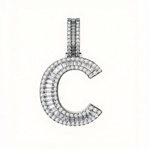 <b>Iced</b> <b>Out</b> Letter C Moissanite Pendant With Baguette Cut Channel Setting 925 Silver <b>Chain</b> Unisex Everyday Wear Pendant - Product Image 1