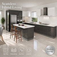Armário de Cozinha Moderno em Aço Inoxidável Cinza e Branco, Ilha de Alto Brilho, Armários Modulares Personalizados com Pia de Mármore em Cascata, Móveis B2B