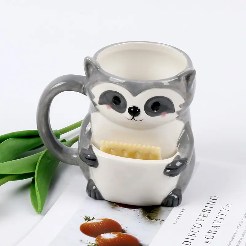 OEM factory customize ceramic cup with biscuit pocket porcelain 3D animal coffee mug with cookie holder