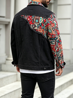 Veste en jean noire pour homme, style ethnique, patchwork, streetwear, bohème, veste de camionneur, manteau, vêtement d'extérieur
