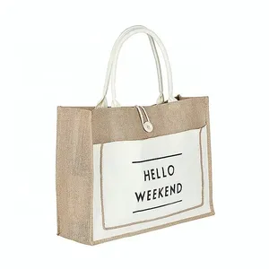 Sacs fourre-tout en jute imprimés sur mesure avec poche avant en toile, sacs en toile de jute naturelle réutilisables pour cadeaux, shopping, style motif lettres - Product Image 5