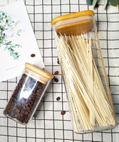 Récipient de stockage alimentaire transparent, boîte carrée, cuisine, garde-manger, pot en verre borosilicate hermétique avec couvercle en bambou