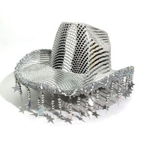 New Hot Silver Mirror Sequin Cowboy <strong>Hat</strong> with Star Tassel Fringe for Outdoor Sports Business Casual Use Unisex - Product Image 3