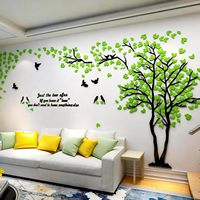 Décor mural 3D en acrylique Arbre de Vie, feuilles vertes, autocollant mural décoratif pour salon, chambre, fond de télévision