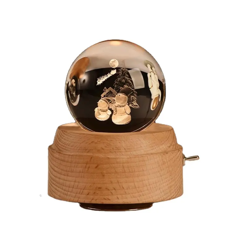 תמונה מותאמת אישית עגול קריסטל כדור מוסיקלי תיבת כדור עם LED אור ורוח עד מעץ