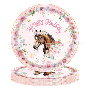 Watercolor Horse Theme Round Paper Plates Birthday Party Tableware Disposable Decorations Pink Floral Design - Product Image 1