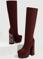 Bottines hautes en daim bordeaux avec broderie de dragon, talons hauts épais, plateforme, nouveau style chinois, chaussures de soirée pour femmes