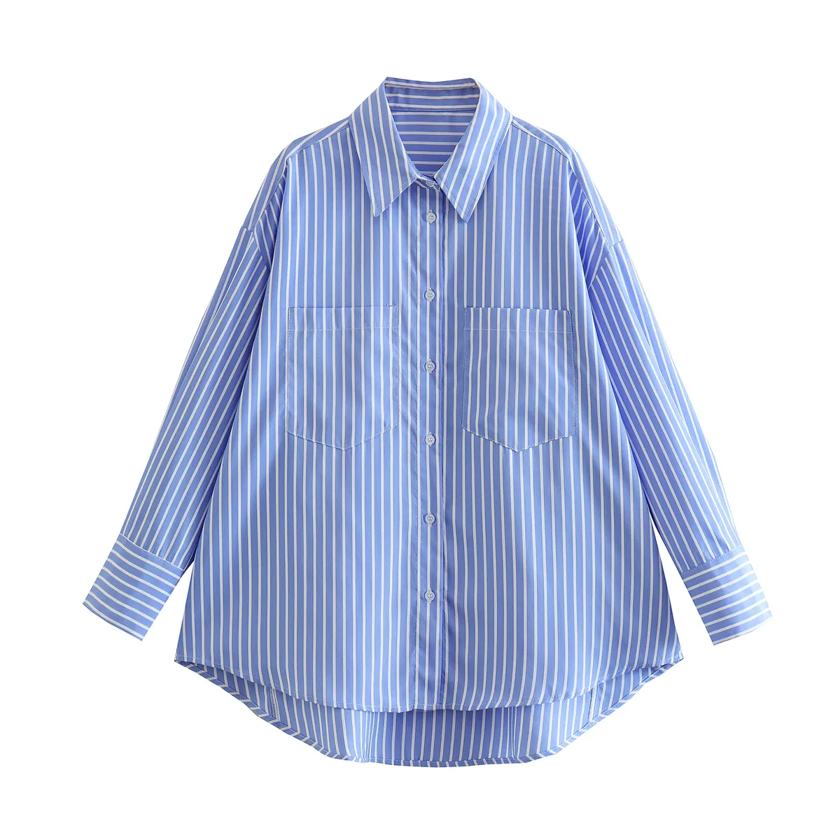 Spring 2023 new style loose lapels long blue and white stripes boyfriend wind long-sleeved blouse wholesale
